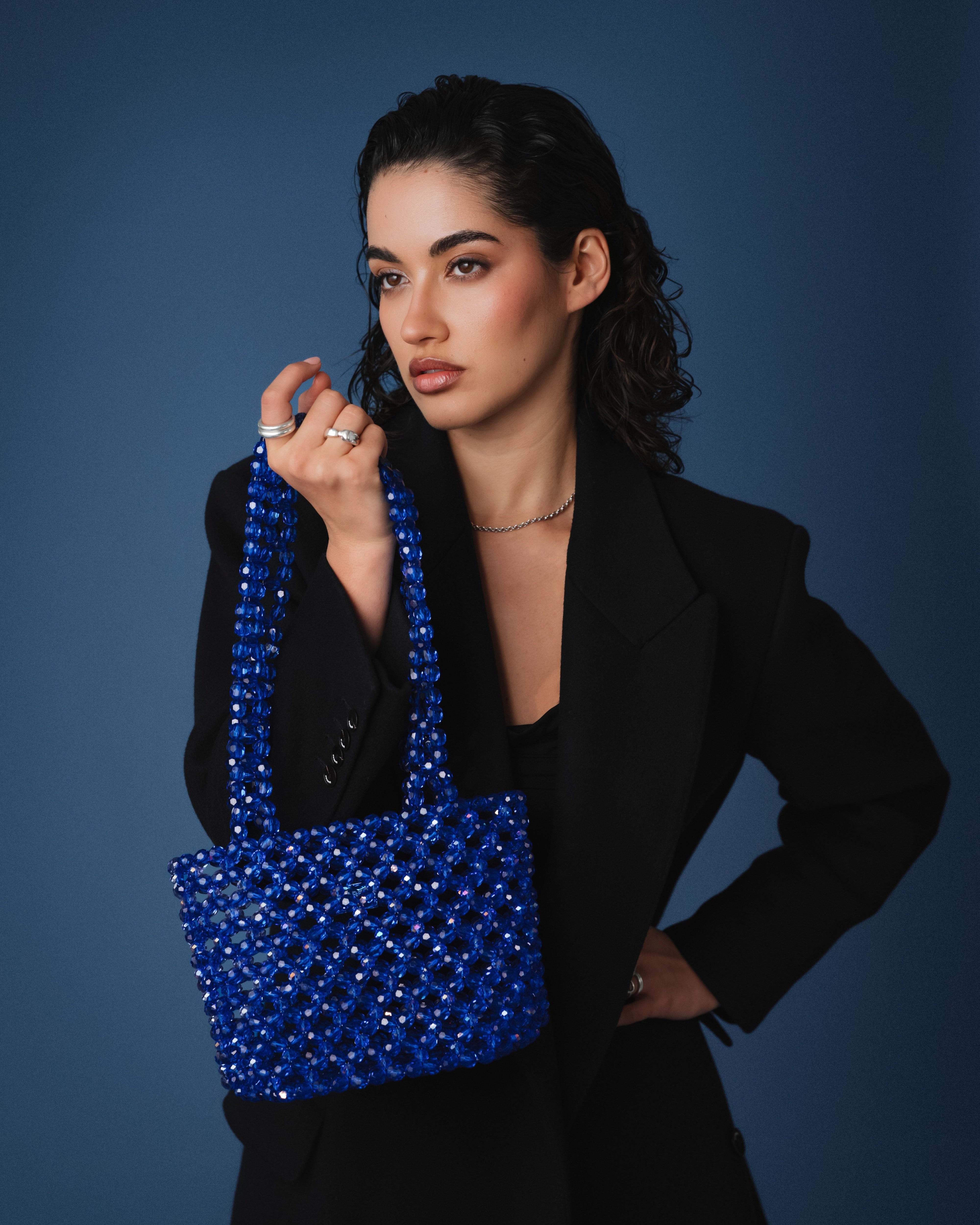Azura glass beaded shoulder bag in royal blue by MAREN LILIAN