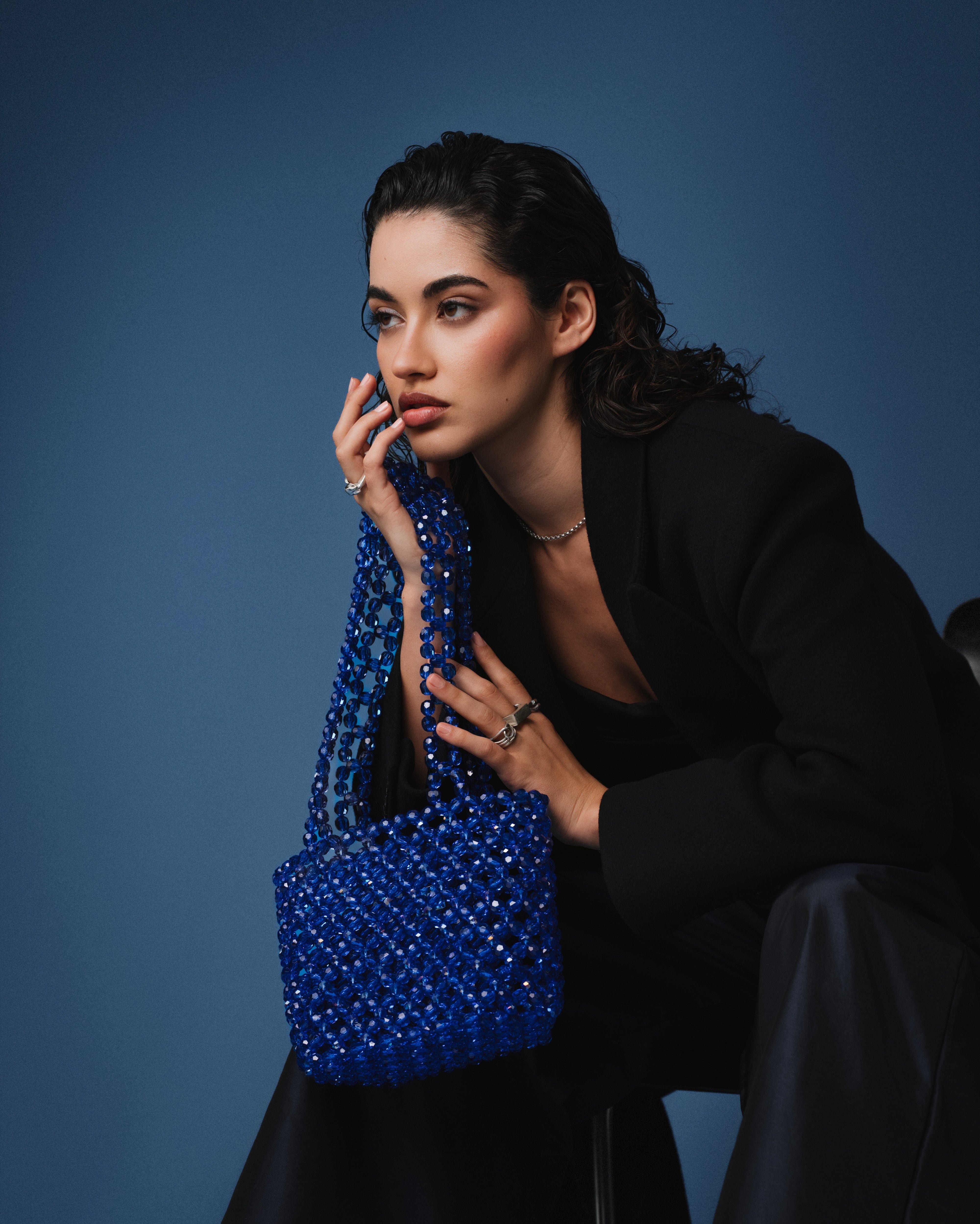 Azura glass beaded shoulder bag in royal blue by MAREN LILIAN
