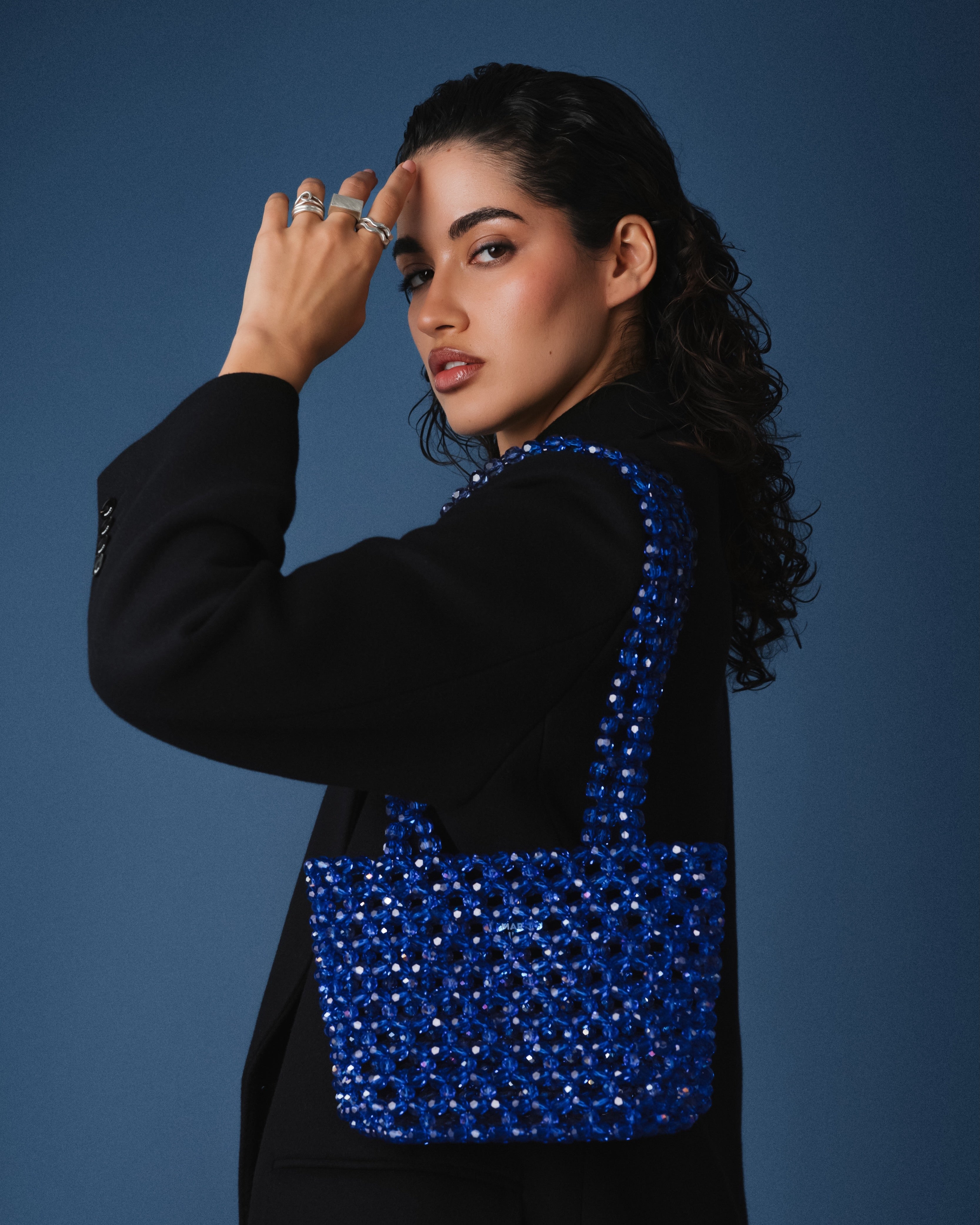 Azura glass beaded shoulder bag in royal blue by MAREN LILIAN