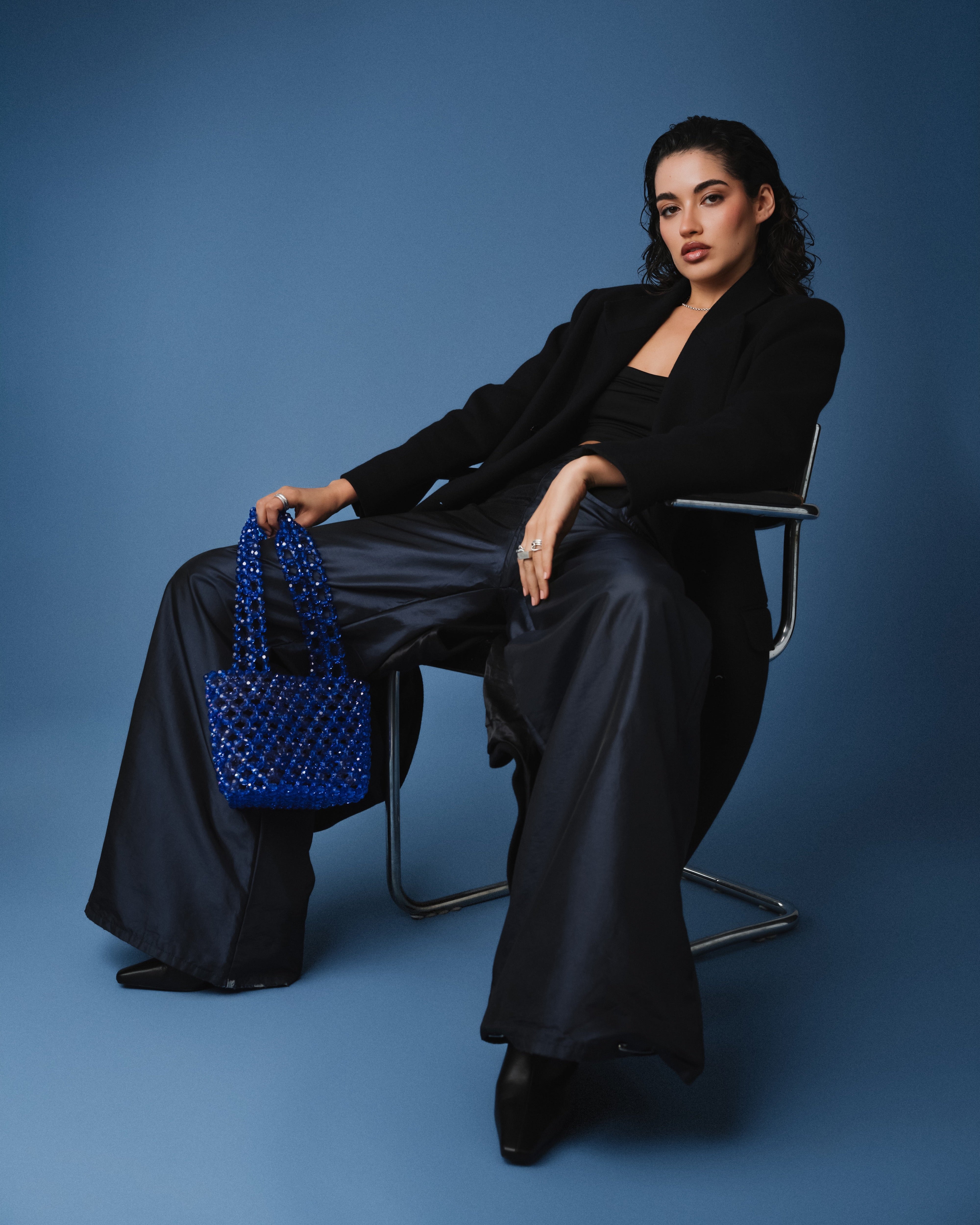 Azura glass beaded shoulder bag in royal blue by MAREN LILIAN
