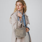 Azura glass beaded shoulder bag in silver by MAREN LILIAN model