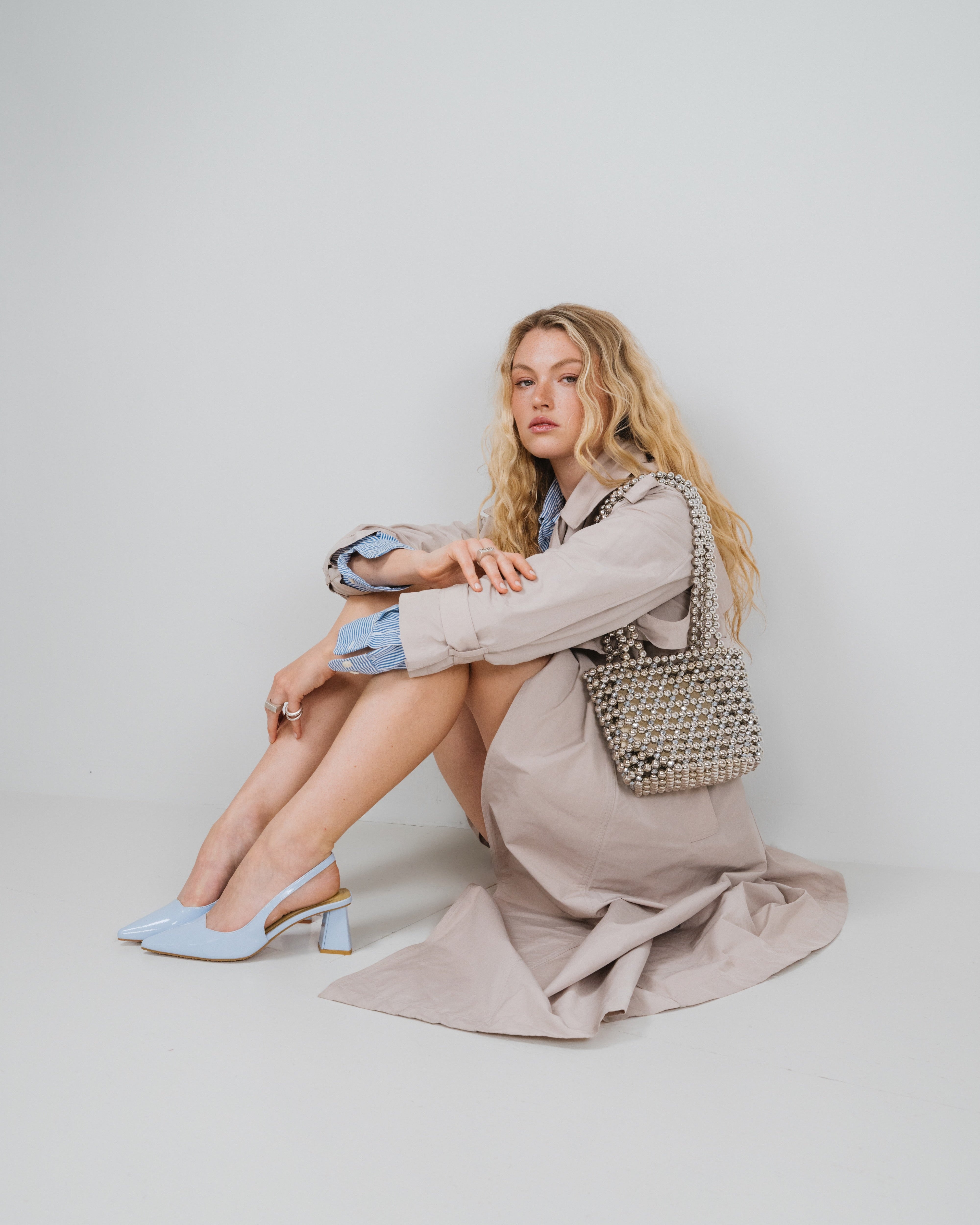 Azura glass beaded shoulder bag in silver by MAREN LILIAN
