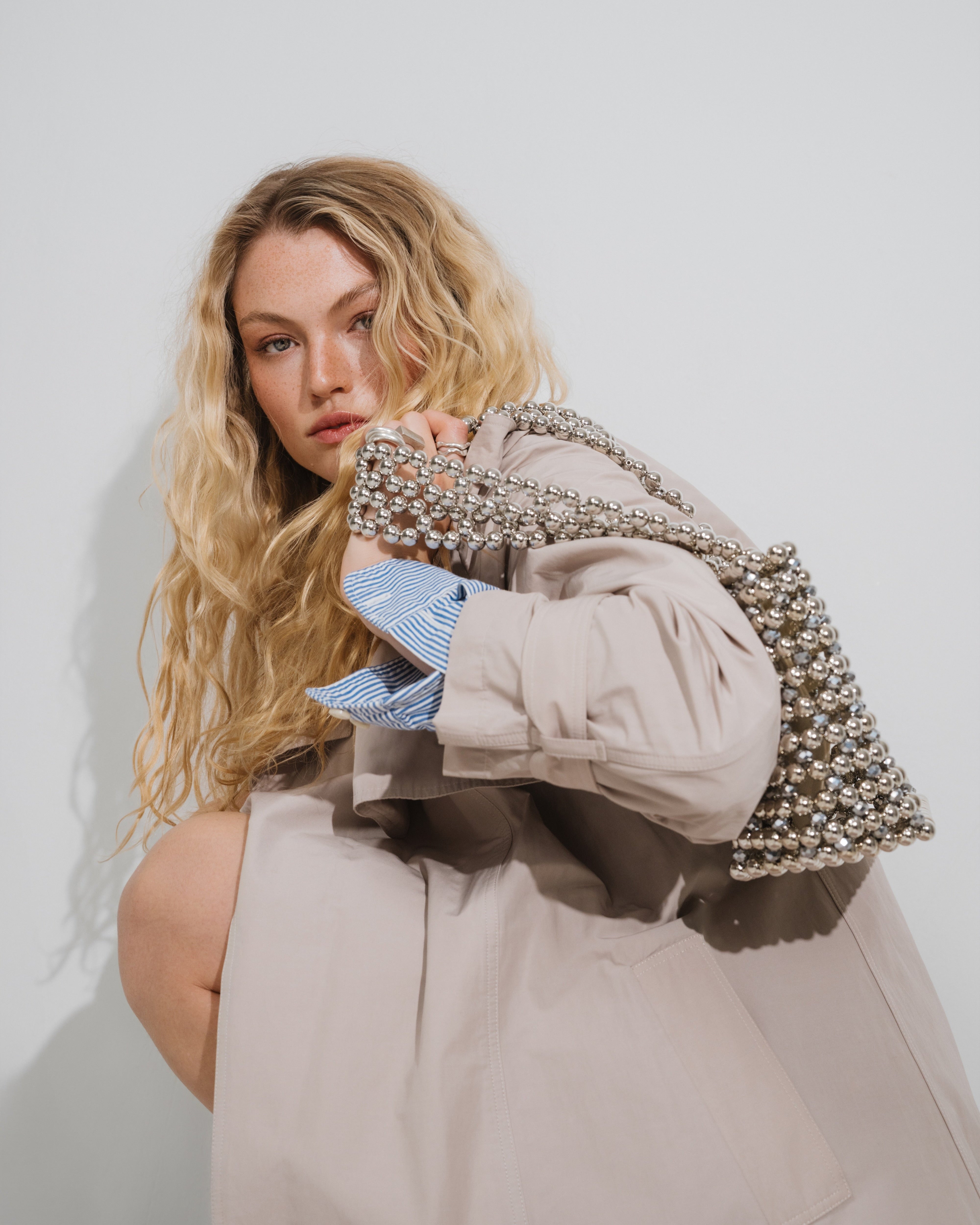 Azura glass beaded shoulder bag in silver by MAREN LILIAN 
